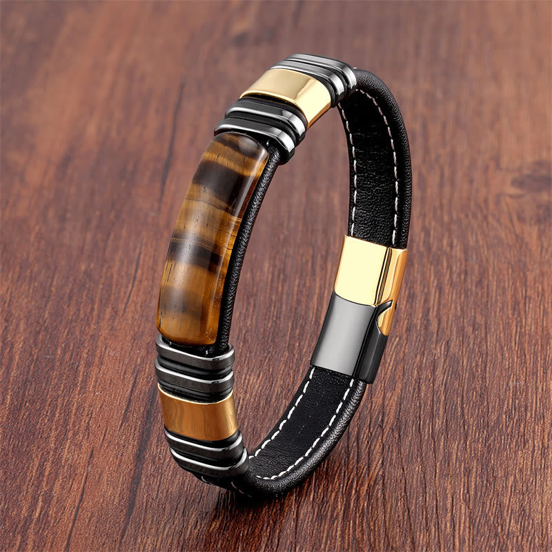 Pulsera de cuero con hebilla y piedra de ojo de tigre de Buddha Stones para pensar con claridad - Ojo de tigre dorado y negro - 18-22 cm - image 1