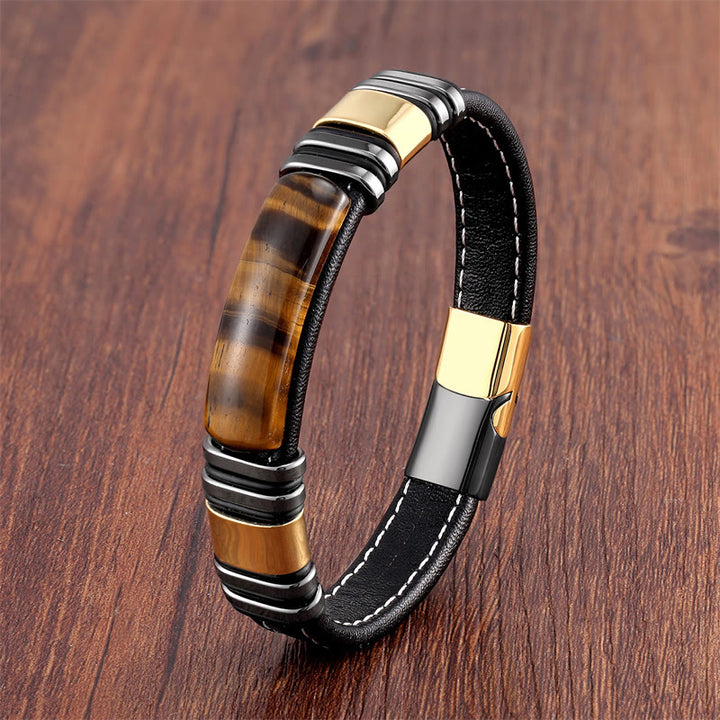 Pulsera de cuero con hebilla y piedra de ojo de tigre de Buddha Stones para pensar con claridad - Ojo de tigre dorado y negro - 18-22 cm - image 1