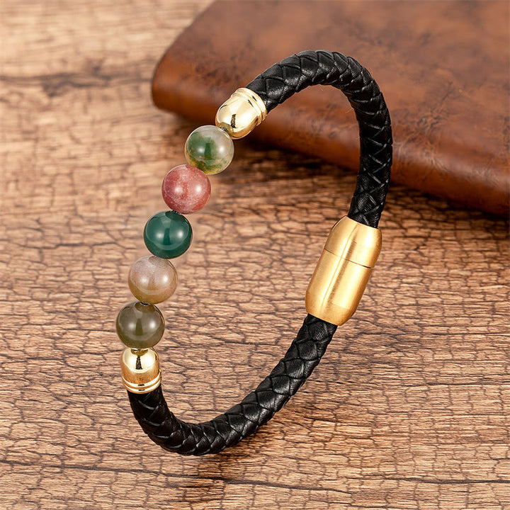 Pulsera de cuero con Buddha Stones, ágata azul, ojo de tigre, roca de lava, ónix negro, lazurita y lapislázuli. - Ágata - 18-22 cm - image 0