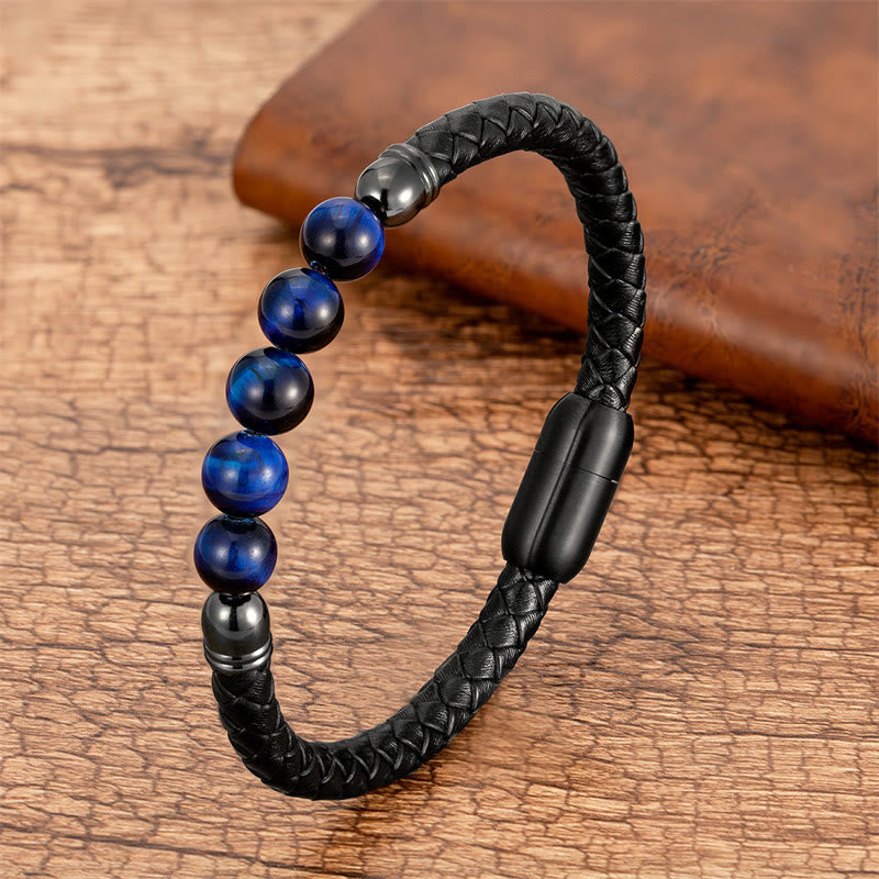 Pulsera de cuero protectora con cuentas de lazurita, ónix negro, ágata azul, ojo de tigre y Buddha Stones - Ojo de tigre azul - 18-22 cm - image 5