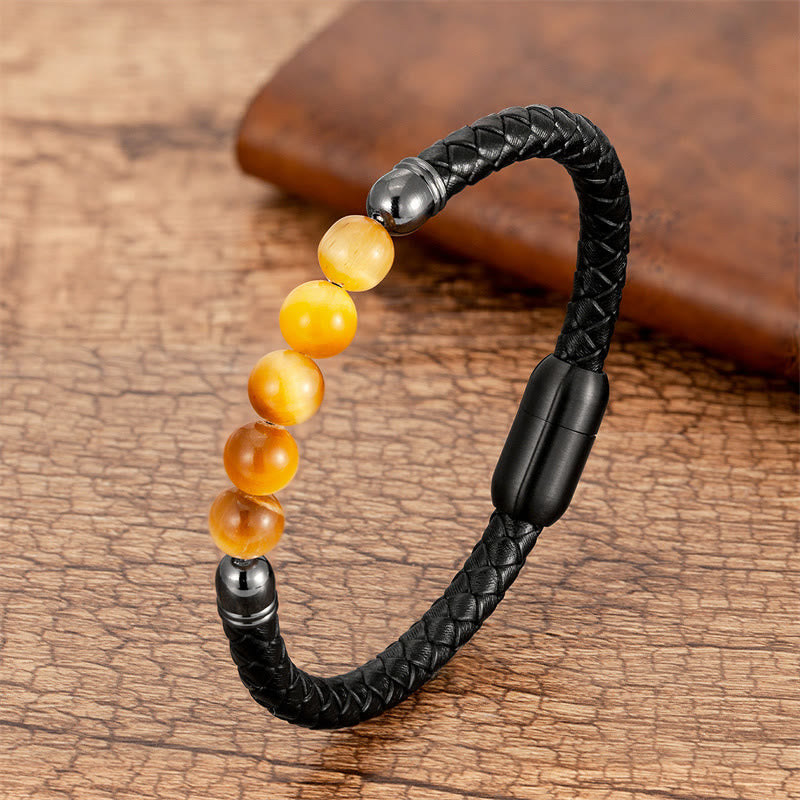 Pulsera de cuero con Buddha Stones, ágata azul, ojo de tigre, roca de lava, ónix negro, lazurita y lapislázuli. - Ojo de tigre dorado - 18-22 cm - image 6