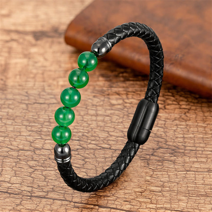 Pulsera de cuero con Buddha Stones, ágata azul, ojo de tigre, roca de lava, ónix negro, lazurita y lapislázuli. - Ágata verde - 18-22 cm - image 7