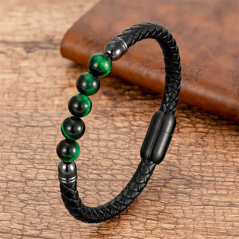 Pulsera de cuero protectora con cuentas de lazurita, ónix negro, ágata azul, ojo de tigre y Buddha Stones - Ojo de tigre verde - 18-22 cm - image 10