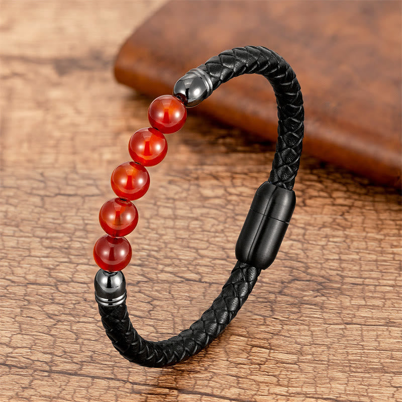 Pulsera de cuero protectora con cuentas de lazurita, ónix negro, ágata azul, ojo de tigre y Buddha Stones - Ágata roja - 18-22 cm - image 15