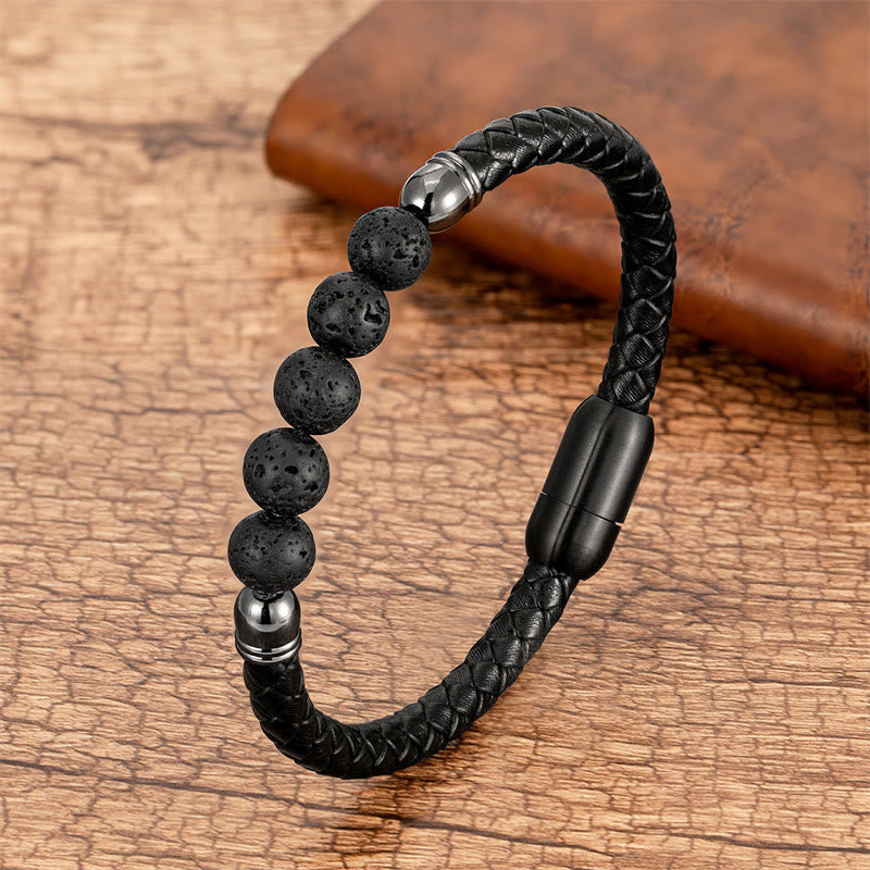 Pulsera de cuero protectora con cuentas de lazurita, ónix negro, ágata azul, ojo de tigre y Buddha Stones - Roca de lava - 18-22 cm - image 13