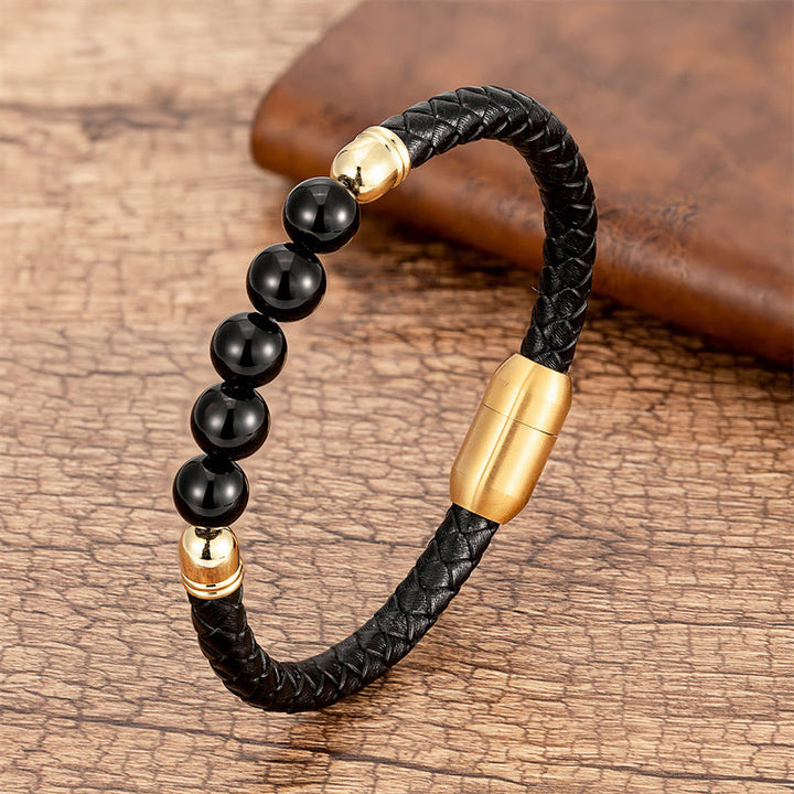 Pulsera de cuero protectora con cuentas de lazurita, ónix negro, ágata azul, ojo de tigre y Buddha Stones - Ónix negro - 18-22 cm - image 17