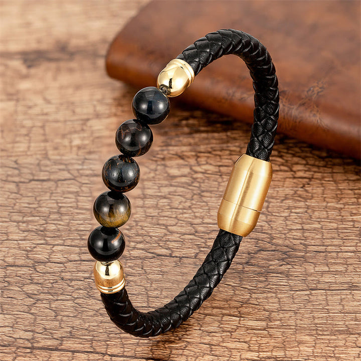 Pulsera de cuero protectora con cuentas de lazurita, ónix negro, ágata azul, ojo de tigre y Buddha Stones - Ojo de tigre amarillo negro - 18-22 cm - image 19