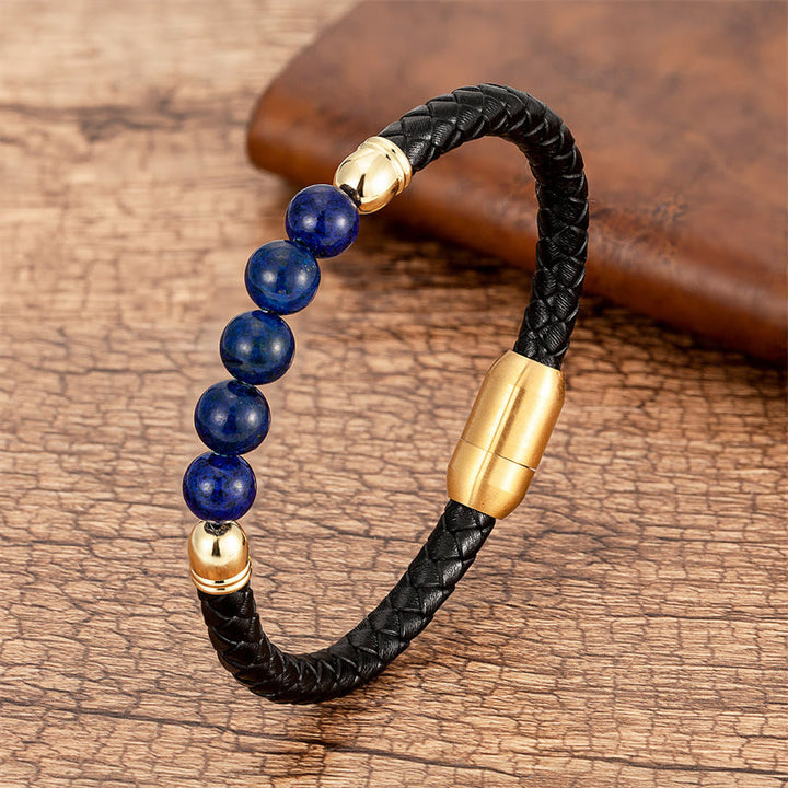 Pulsera de cuero protectora con cuentas de lazurita, ónix negro, ágata azul, ojo de tigre y Buddha Stones - Lazurita - 18-22 cm - image 20