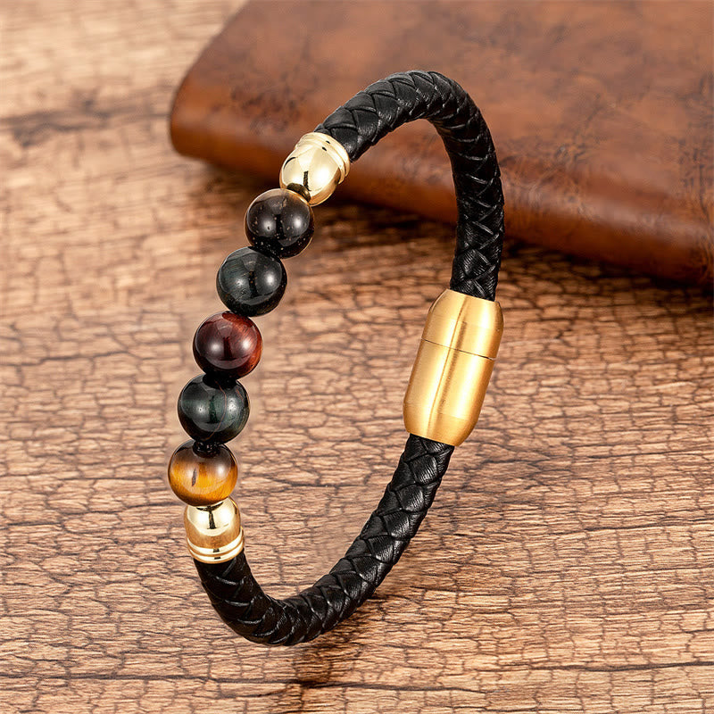 Pulsera de cuero protectora con cuentas de lazurita, ónix negro, ágata azul, ojo de tigre y Buddha Stones - Ojo de tigre rojo y negro - 18-22 cm - image 22
