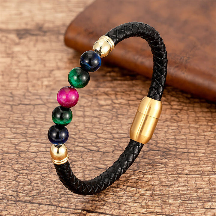 Pulsera de cuero con Buddha Stones, ágata azul, ojo de tigre, roca de lava, ónix negro, lazurita y lapislázuli. - Rosa Rojo Verde Azul Ojo de Tigre - 18-22 cm - image 22