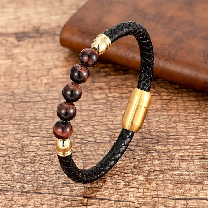 Pulsera de cuero protectora con cuentas de lazurita, ónix negro, ágata azul, ojo de tigre y Buddha Stones - Ojo de tigre marrón rojo - 18-22 cm - image 24