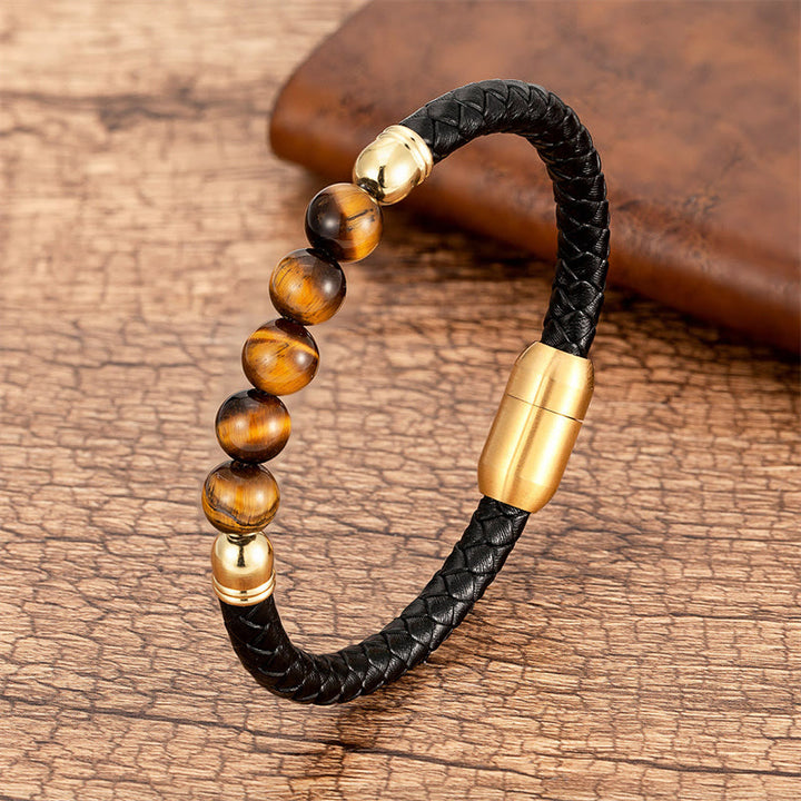 Pulsera de cuero protectora con cuentas de lazurita, ónix negro, ágata azul, ojo de tigre y Buddha Stones - Ojo de tigre - 18-22 cm - image 25
