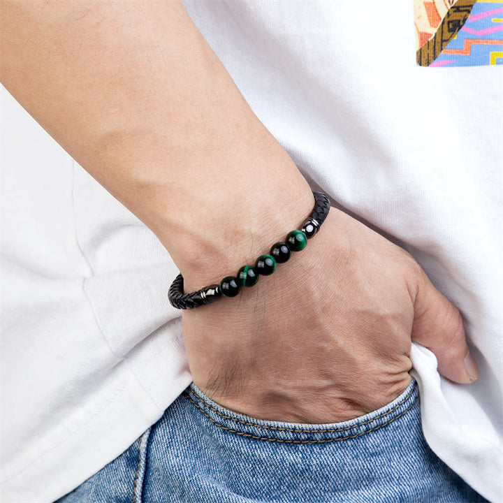 Pulsera de cuero protectora con cuentas de lazurita, ónix negro, ágata azul, ojo de tigre y Buddha Stones - image 11