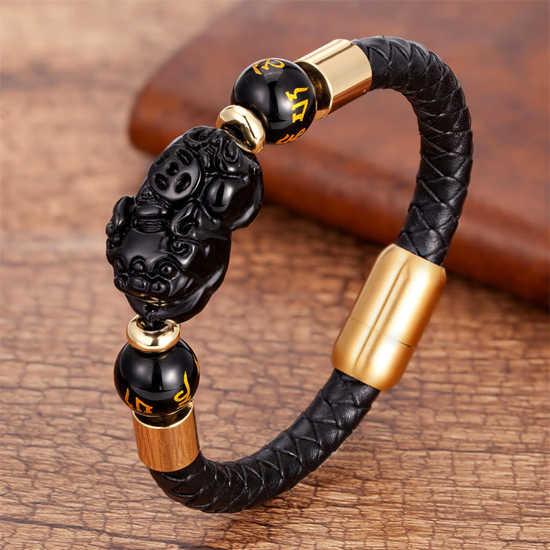 Pulsera de cuero con Buddha Stones , ojo de tigre, ónix negro, ágata roja, moneda de cobre PiXiu, Om Mani Padme Hum - Ónix negro - 18-22 cm - image 6