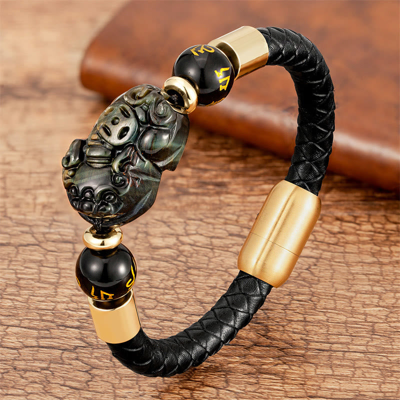 Pulsera de cuero con Buddha Stones , ojo de tigre, ónix negro, ágata roja, moneda de cobre PiXiu, Om Mani Padme Hum - Ágata - 18-22 cm - image 9