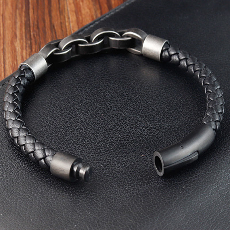 Pulsera de cuero trenzado con hebilla de equilibrio de acero y titanio con diseño de cadena de Buddha Stones - image 12