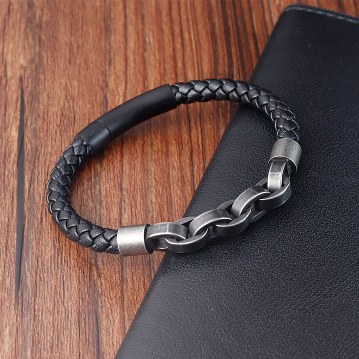 Pulsera de cuero trenzado con hebilla de equilibrio de acero y titanio con diseño de cadena de Buddha Stones - image 9