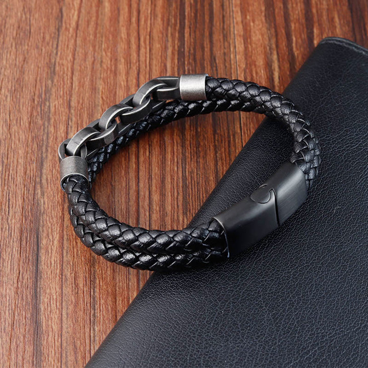 Pulsera de cuero trenzado con hebilla de equilibrio de acero y titanio con diseño de cadena de Buddha Stones