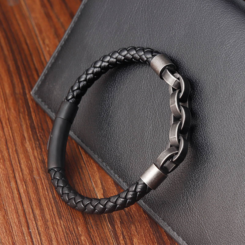 Pulsera de cuero trenzado con hebilla de equilibrio de acero y titanio con diseño de cadena de Buddha Stones - image 11