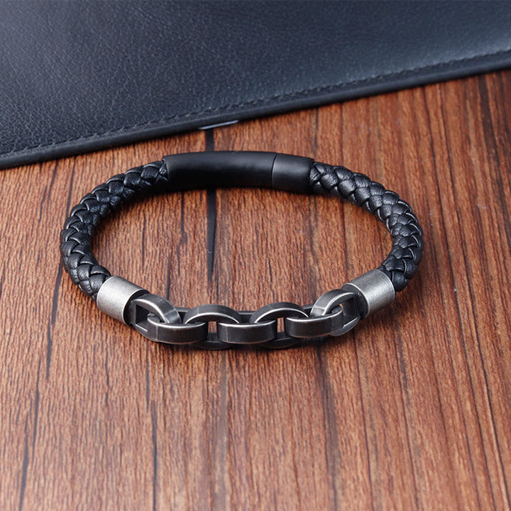 Pulsera de cuero trenzado con hebilla de equilibrio de acero y titanio con diseño de cadena de Buddha Stones - image 10