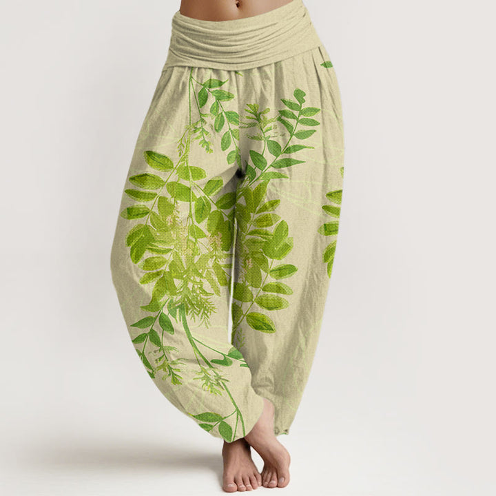 Pantalones bombachos de mujer con cintura elástica, estampado de hojas verdes, ramas y Buddha Stones en algodón. - vara de oro pálida - US22，UK/AU26，EU54 (6XL) - image 0