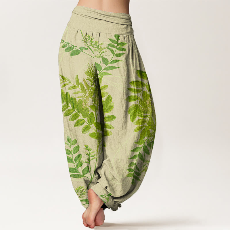 Pantalones bombachos de mujer con cintura elástica, estampado de hojas verdes, ramas y Buddha Stones en algodón. - image 1