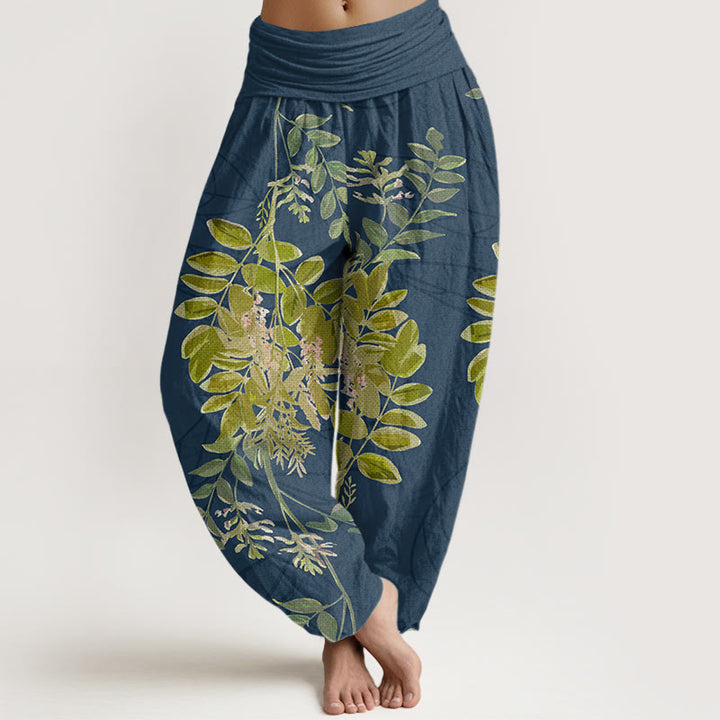 Pantalones bombachos de mujer con cintura elástica, estampado de hojas verdes, ramas y Buddha Stones en algodón. - Azul medianoche - US22，UK/AU26，EU54 (6XL) - image 7