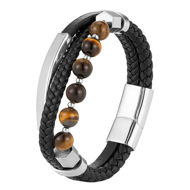 Pulsera de cuero con hebilla de conexión a tierra de múltiples capas con cuentas de ojo de tigre y Buddha Stones