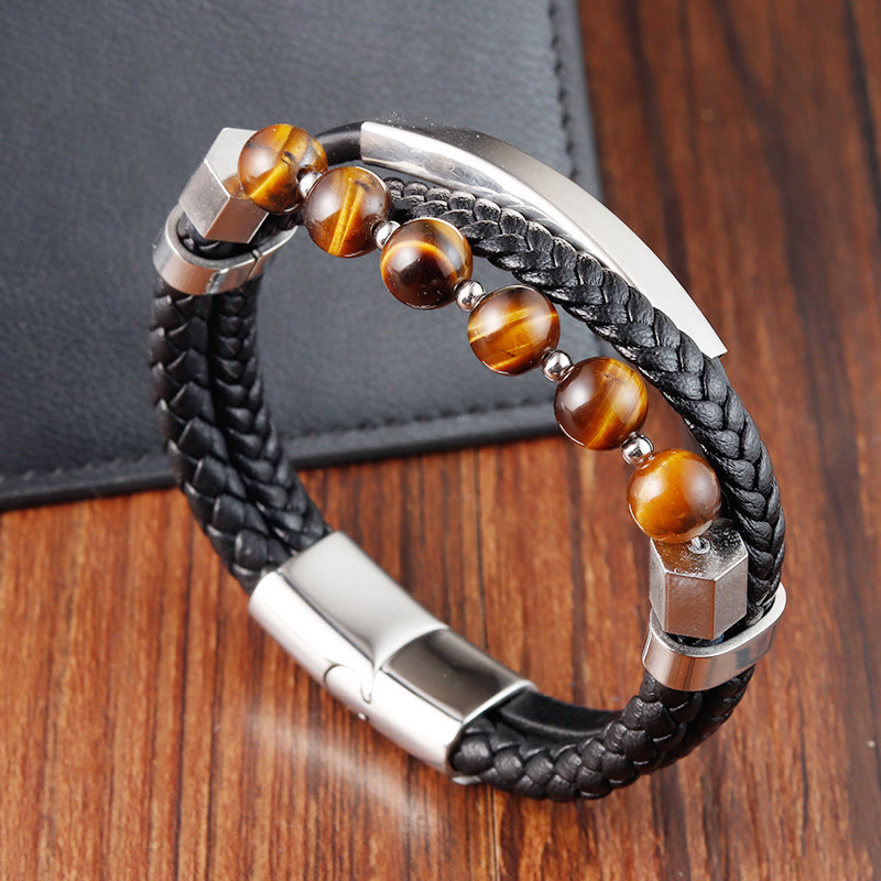 Pulsera de cuero con hebilla de conexión a tierra de múltiples capas con cuentas de ojo de tigre y Buddha Stones