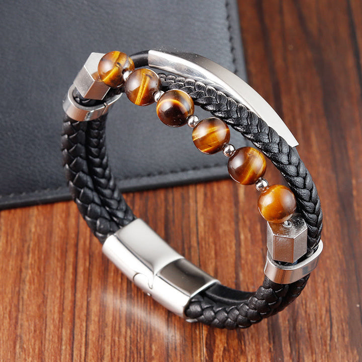 Pulsera de cuero con hebilla de conexión a tierra de múltiples capas con cuentas de ojo de tigre y Buddha Stones