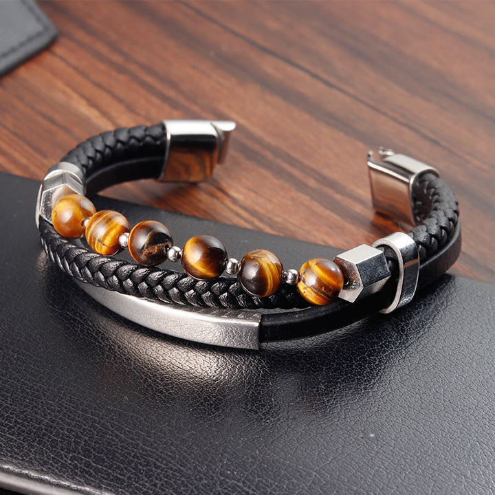 Pulsera de cuero con hebilla de conexión a tierra de múltiples capas con cuentas de ojo de tigre y Buddha Stones