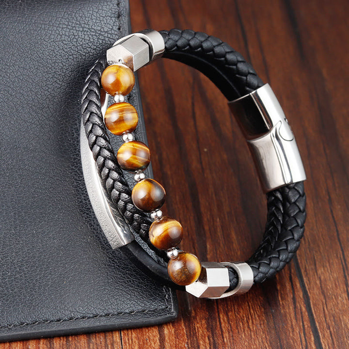 Pulsera de cuero con hebilla de conexión a tierra de múltiples capas con cuentas de ojo de tigre y Buddha Stones