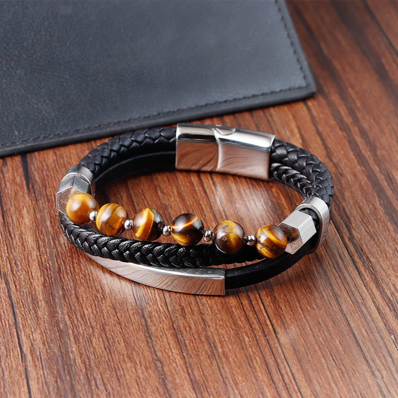 Pulsera de cuero con hebilla de conexión a tierra de múltiples capas con cuentas de ojo de tigre y Buddha Stones