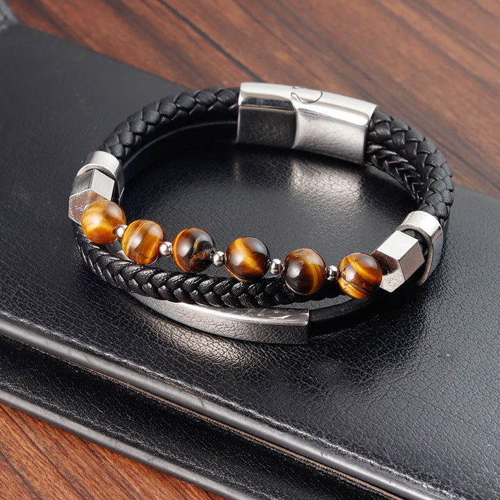 Pulsera de cuero con hebilla de conexión a tierra de múltiples capas con cuentas de ojo de tigre y Buddha Stones