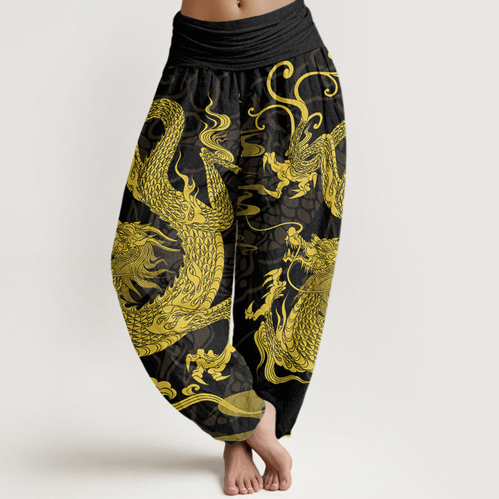 Pantalones bombachos de cintura elástica para mujer con estampado de Buddha Stones, dragón, nubes auspiciosas y algodón. - Negro - US22，UK/AU26，EU54 (6XL) - image 0