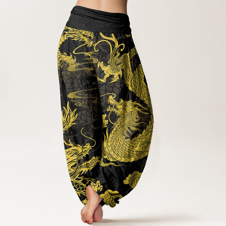 Pantalones harén con cintura elástica para mujer con Buddha Stones, dragón y nubes auspiciosas