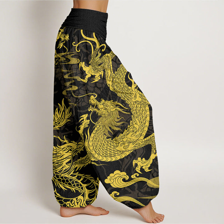 Pantalones harén con cintura elástica para mujer con Buddha Stones, dragón y nubes auspiciosas
