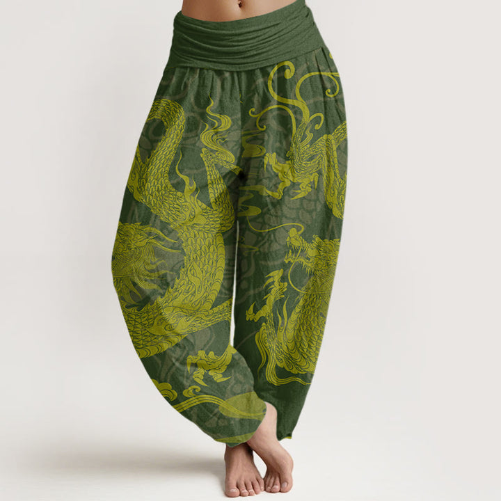 Pantalones harén con cintura elástica para mujer con Buddha Stones, dragón y nubes auspiciosas