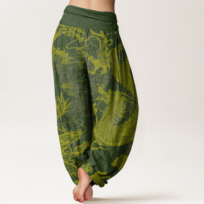 Pantalones harén con cintura elástica para mujer con Buddha Stones, dragón y nubes auspiciosas