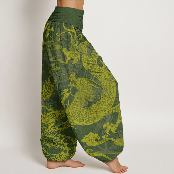 Pantalones harén con cintura elástica para mujer con Buddha Stones, dragón y nubes auspiciosas