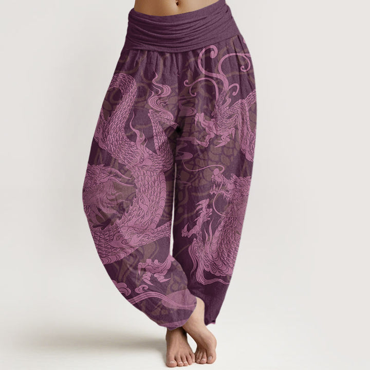 Pantalones harén con cintura elástica para mujer con Buddha Stones, dragón y nubes auspiciosas