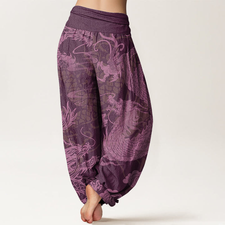 Pantalones harén con cintura elástica para mujer con Buddha Stones, dragón y nubes auspiciosas