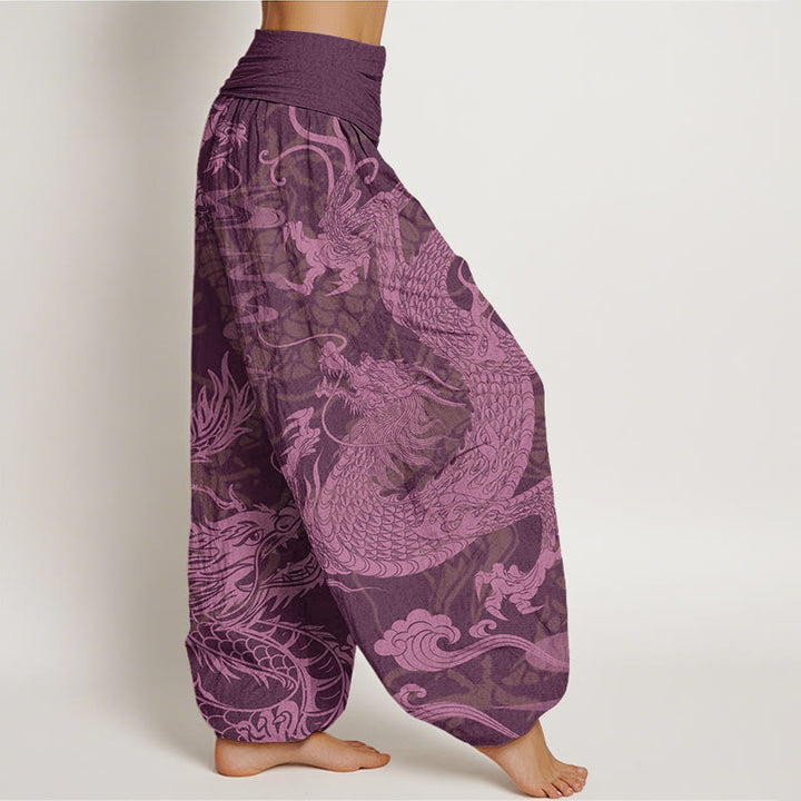 Pantalones harén con cintura elástica para mujer con Buddha Stones, dragón y nubes auspiciosas