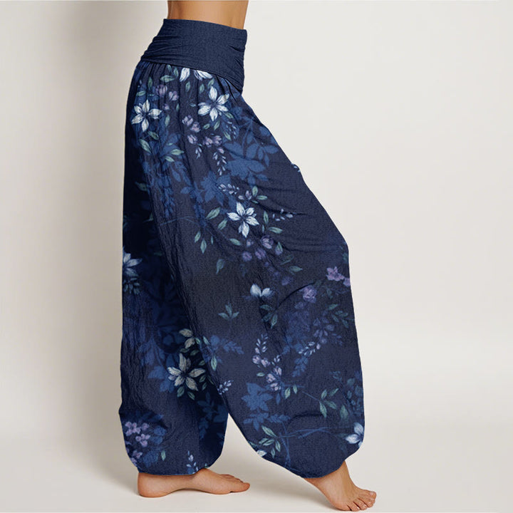 Pantalones bombachos de mujer con cintura elástica, estampado de pequeñas flores blancas y hojas verdes en algodón con Buddha Stones - image 6