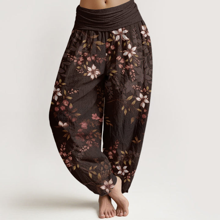 Pantalones harén con cintura elástica para mujer con pequeñas flores blancas y hojas verdes y piedras de Buddha Stones - SaddleBrown - US22，UK/AU26，EU54 (6XL) - image 8