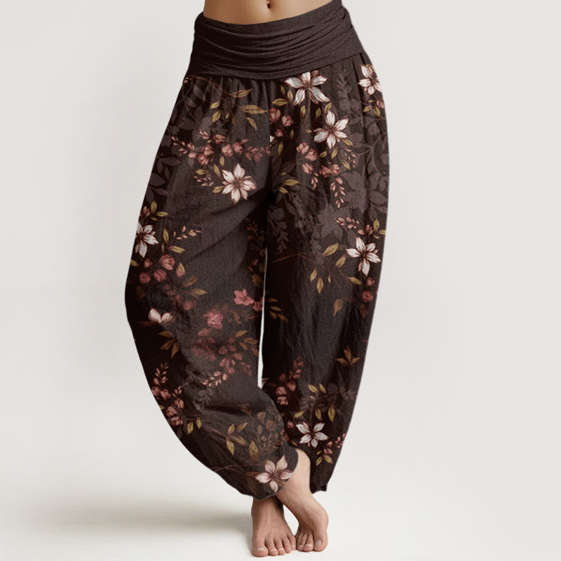 Pantalones harén con cintura elástica para mujer con pequeñas flores blancas y hojas verdes y piedras de Buddha Stones - SaddleBrown - US22，UK/AU26，EU54 (6XL) - image 7