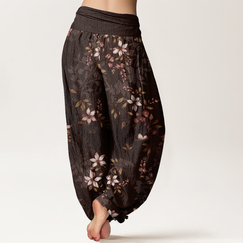 Pantalones harén con cintura elástica para mujer con pequeñas flores blancas y hojas verdes y piedras de Buddha Stones - image 8