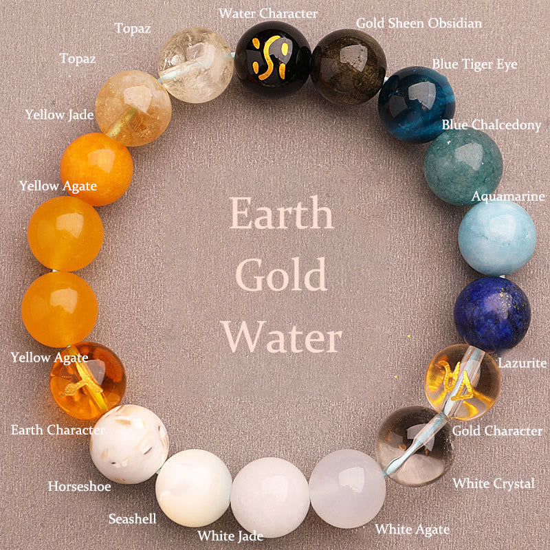 Pulsera de la sabiduría con Buddha Stones, cinco elementos, varios cristales de ágata y piedra solar - Agua de oro tierra (circunferencia de la muñeca: 14-16 cm) - 12 mm - image 11