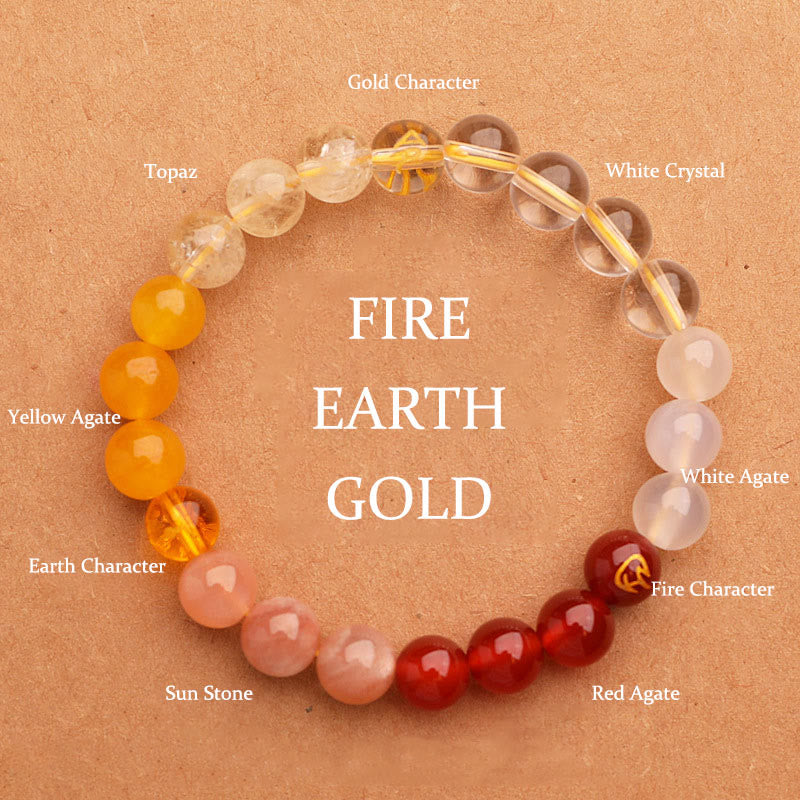 Pulsera de la sabiduría con Buddha Stones, cinco elementos, varios cristales de ágata y piedra solar - Oro Fire Earth (Circunferencia de la muñeca: 14-16 cm) - 8 mm - image 4