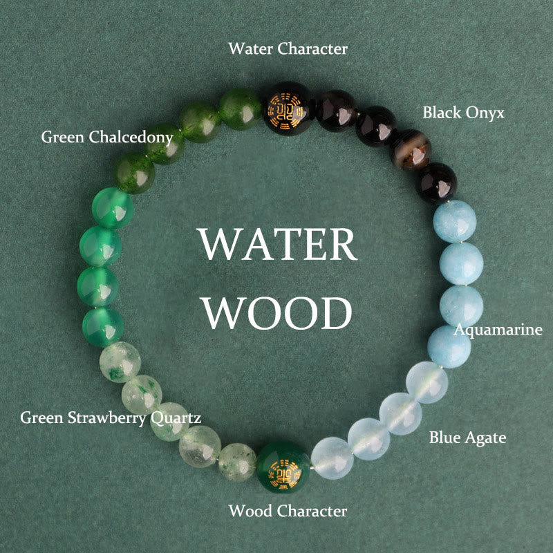 Buddha Stones Pulsera de la sabiduría de los cinco elementos con varios cristales de ágata, ónix negro, calcedonia verde y aguamarina - Madera de agua (circunferencia de la muñeca: 14-16 cm) - 6 mm - image 3